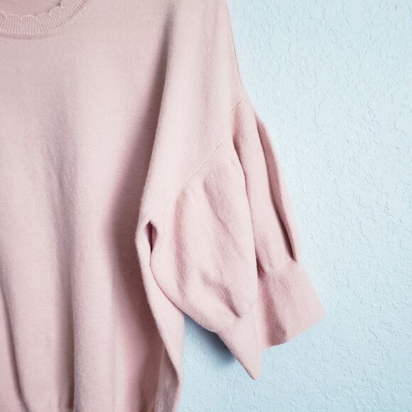 Anthropologie Ella Moss Baby Pink Scalloped Puff Sleeve Sweater - Picture 2 of 6